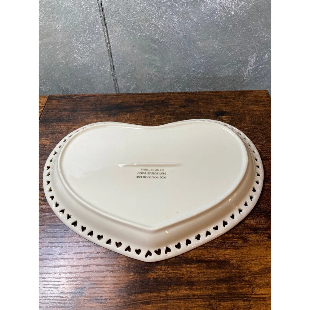 Vintage Heart Shaped Floral Trinket Dish Pink Roses Reticulated Heart Border
